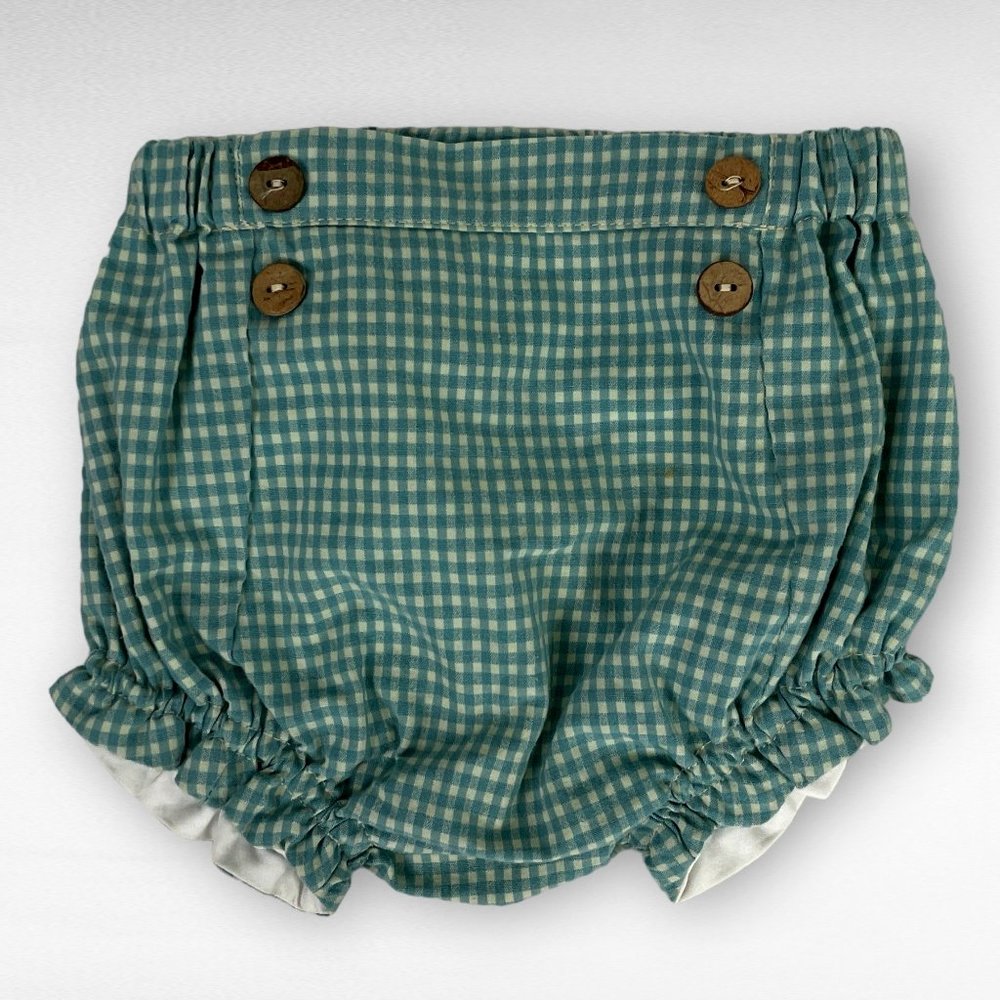 PEPA London Classic Baby Bloomer Gingham Check Green Button Cotton Size 18 month